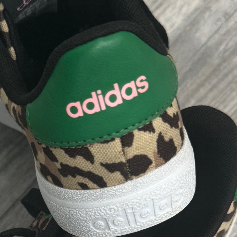 Leopard print adidas shoes with green leather details and pink writing. - Picture 6 of 7